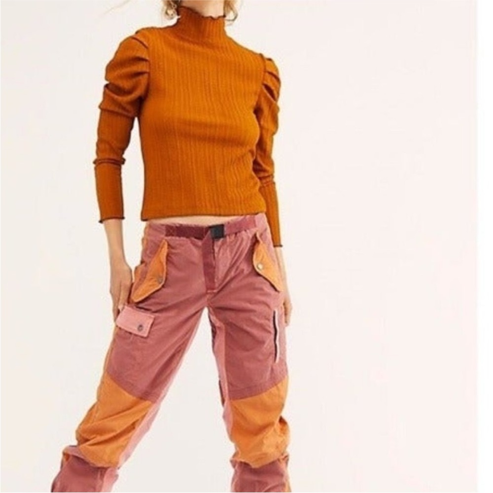 FLAWED Free People Ela Puff Sleeve Ribbed Mock Neck Marigold Textured